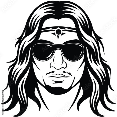 Longhaired man with sunglasses and headband depicted in a striking black and white image
