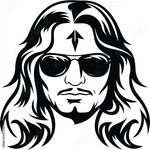 Isolated silhouette shows a longhaired man with sunglasses and a unique forehead mark