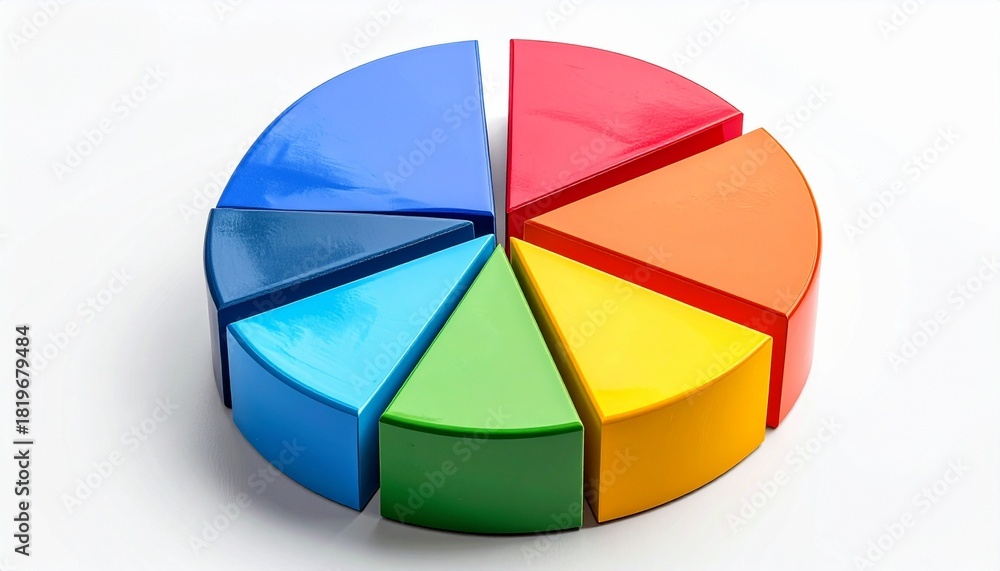 Obraz premium “3D pie chart with eight equal segments in different colors including blue, green, yellow, orange, and red on white background with glossy finish and shadow”