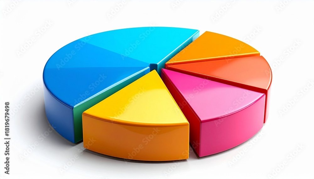 Obraz premium “3D pie chart with eight equal segments in different colors including blue, green, yellow, orange, and red on white background with glossy finish and shadow”