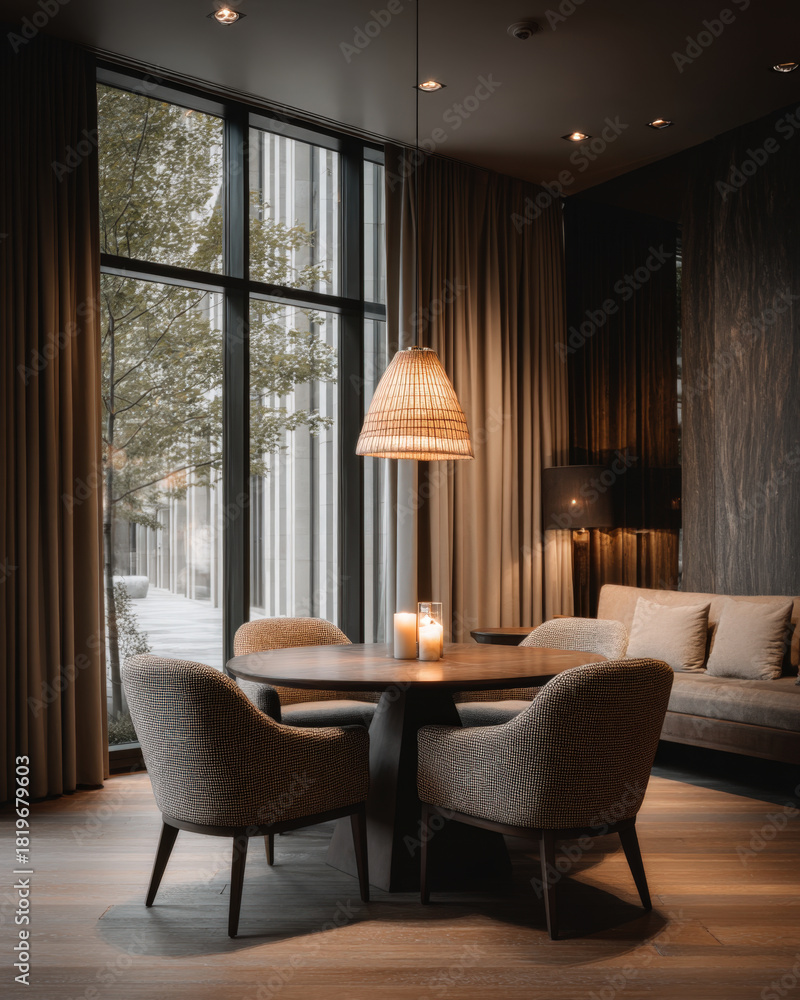 Fototapeta premium Contemporary neutral dining room with round table, four chairs, and candle centerpiece under warm light