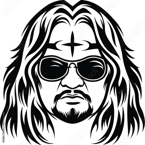 Black and white depicts a man with sunglasses and long detailed hair