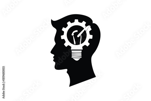 Creative Idea Silhouette Male Head with Gear and Lightbulb Innovation Concept