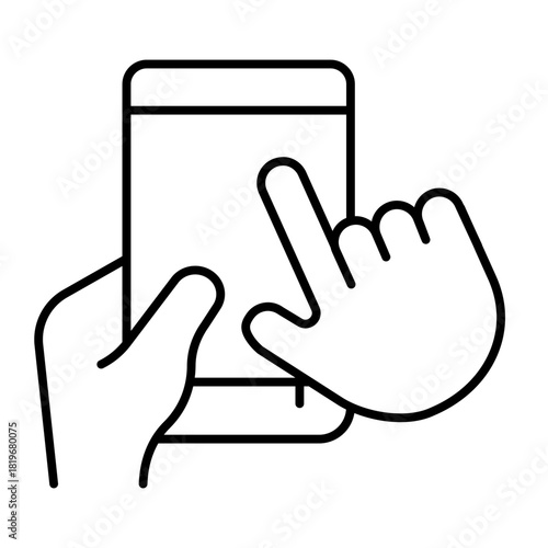 Mobile phone upright in hand thin line icon, using smartphone concept, touch screen with index finger sign on white background, outline style for mobile web design. Vector graphics.