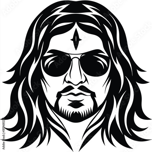 Man with beard and long wavy hair wearing sunglasses appears in a bold black artwork