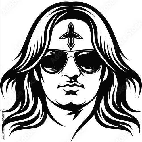 Cool man with shades and a cross on forehead has long flowing hair