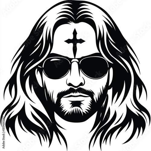 Jesus Christ portrait with long hair, beard, and sunglasses in black and white