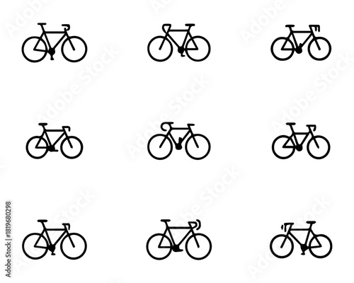 Nine Black Road Bicycle Vector Icons: Grid Set of Classic Bike Silhouettes with Various Details and Thicknesses for Cycling, Sport, Race, and Transportation Graphics