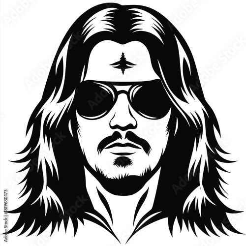 Black haired man with beard wearing sunglasses looks forward intently in monochrome