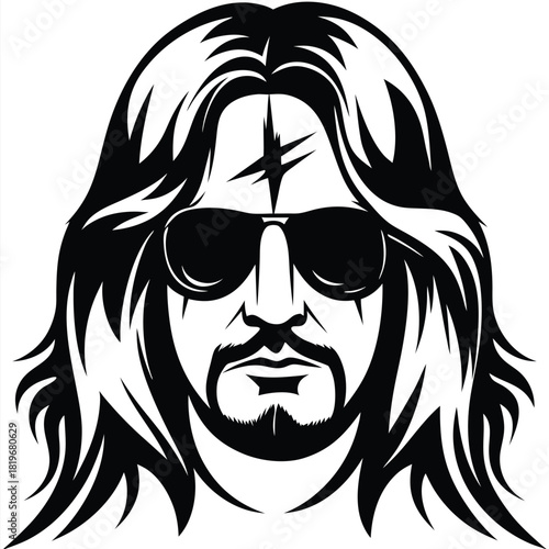 Cool man with sunglasses and long hair looks confidently with a facial scar
