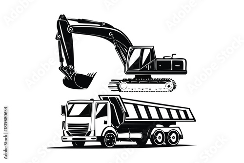 Tracked Excavator and Large Dump Truck Silhouette Heavy Duty Construction Vehicles