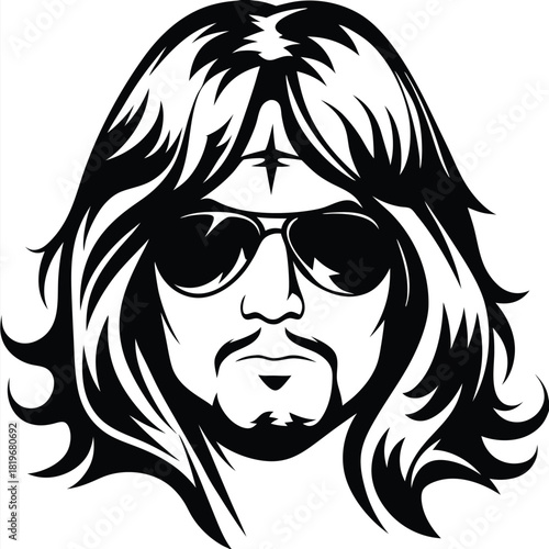 Black haired man portrait with shades and beard shows vintage rockstar appeal