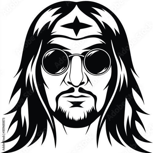 Bearded man with long hair and sunglasses looks intense in black and white