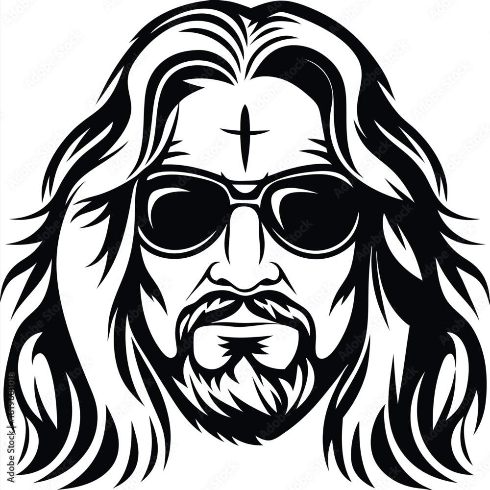 Fototapeta premium Jesus with sunglasses and a cross on his forehead stares intensely in black