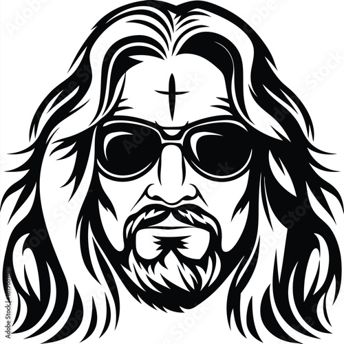 Jesus with sunglasses and a cross on his forehead stares intensely in black