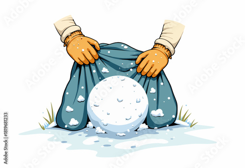 Illustration of Gloved Hands Adjusting a Blue Cloth Underneath a Large Snowball on a Snow-Covered Ground