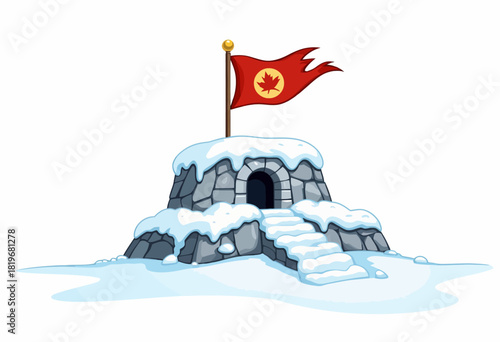 Illustration of a snow-covered igloo with flag featuring a maple leaf, highlighting winter themes and cohesive design elements in a unique Arctic setting