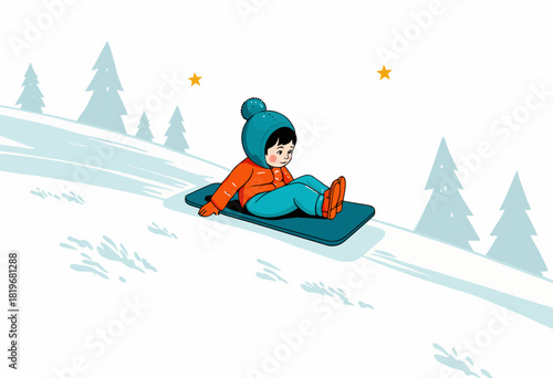 Illustration of a Child Sledding Down a Snowy Slope Surrounded by Pine Trees and Stars in a Winter Wonderland Setting