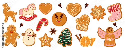 Set of cute Christmas Gingerbread Cookies. Winter sweet homemade biscuits with icing in the shape of a deer, angel, sweet cane and other. Vector holiday illustration isolated on white