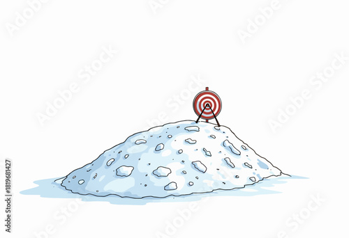 A mound of snow with a red and white target placed on top, creating a visually striking contrast against the bright, pristine winter landscape background