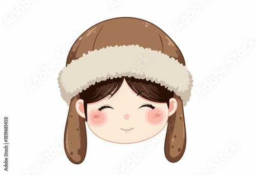 Illustration of a smiling child wearing a cozy, furry winter hat with ear flaps, showcasing warmth and joy against a plain background