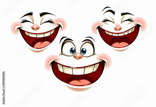 Three Colorful Cartoon Faces with Exaggerated Expressions Displaying Joyful Emotions in a Playful Artistic Style on a White Background