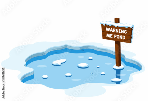 Cartoon illustration of a frozen pond with icy surface and snow-covered wooden warning sign amidst wintry landscape.
