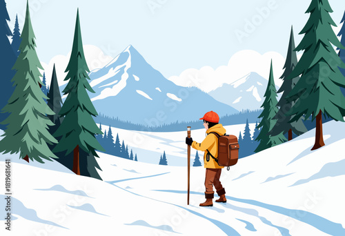 Adventurous Hiker in Winter Wonderland Trekking Through Snowy Mountains Surrounded by Tall Pine Trees Under Clear Blue Sky Embracing Nature's Beauty