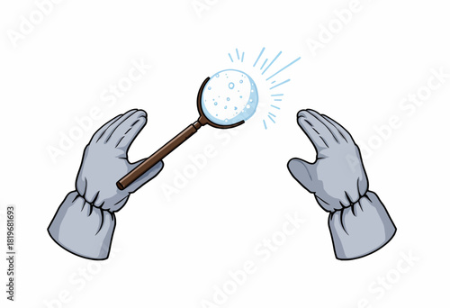 Illustration of Gloved Hands Holding a Magnifying Glass Focusing on Floating Bubbles Against a Clean White Background