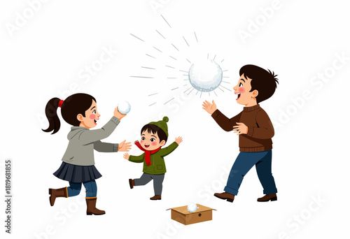 Three Happy Children Joyfully Playing an Exciting Game of Snowball Fight in a Winter Wonderland Scene Filled with Laughter and Fun