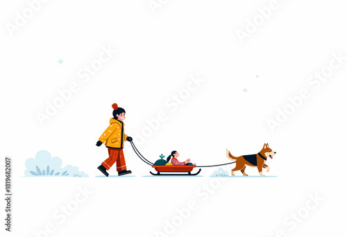 Illustration of a Child Joyfully Pulled on a Sledge by a Dog in a Snowy Landscape with a Playful Winter Atmosphere