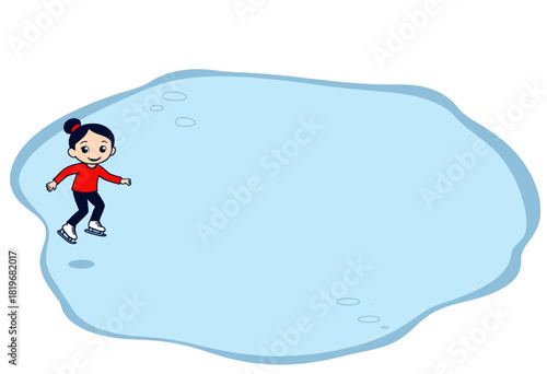 Illustration of a Child Joyfully Ice Skating on a Frozen Pond with a Bright Smile and Energetic Pose in a Winter Setting
