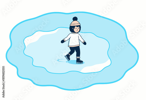 Illustration of a Child Ice Skating on a Frozen Surface with Winter Attire in a Simplified Blue and White Design