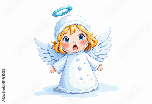 Adorable Little Angel with Halo and Wings in White Outfit Stands with Surprised Expression on a Snowy Background