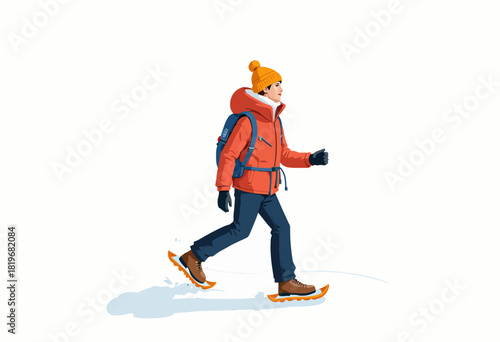 Young explorer dressed warmly for winter trek makes strides through snowy landscape equipped with orange jacket, knit hat, backpack, and snowshoes