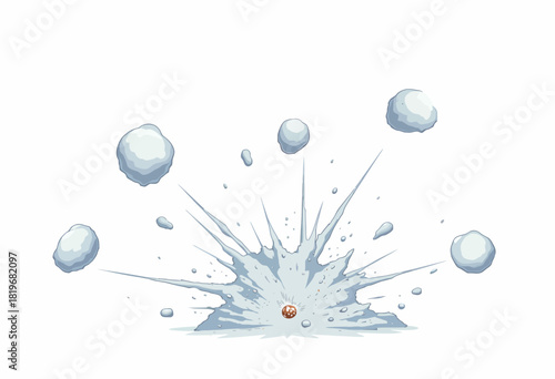 Dynamic Explosion of White Snowballs in Mid-Air Captured Against a Clean White Background Showcasing a Burst of Energy and Motion