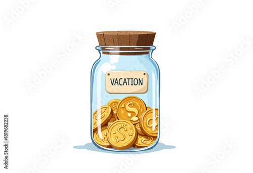 Glass jar filled with gold coins labeled for saving towards a dream vacation representing financial planning and budgeting goals