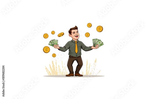Illustration of a Man Joyfully Juggling Money and Coins Depicting Financial Success and Wealth Management with Abundant Earnings