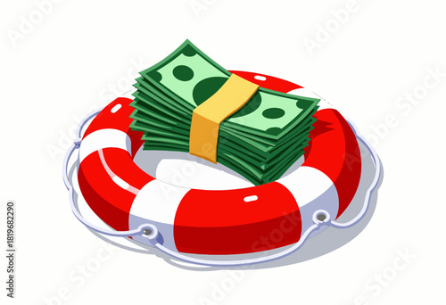Illustration of a Stack of Dollar Bills Resting on a Red and White Lifebuoy Ring, Symbolizing Financial Security and Economic Safety in Crisis
