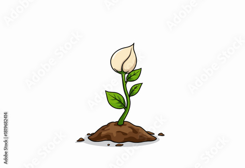 Illustration of a budding plant sprouting from soil with vibrant green leaves and a delicate white bloom symbolizing growth and new beginnings against a plain background