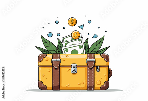 Illustrated Treasure Chest Overflowing with Coins and Cash Surrounded by Decorative Leaves and Symbols