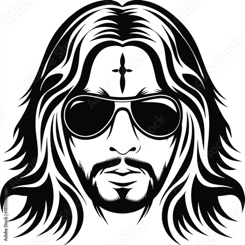 Detailed black and white portrait showcases a man with long hair and sunglasses