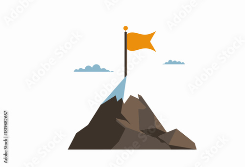 Illustration of a Snow-Capped Mountain Peak with a Triumphant Orange Flag Under a Clear Blue Sky