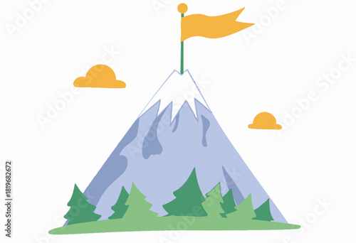 Illustrated Mountain Peak with Snow Cap and Yellow Flag Surrounded by Green Pine Trees Under Orange Cloudy Sky