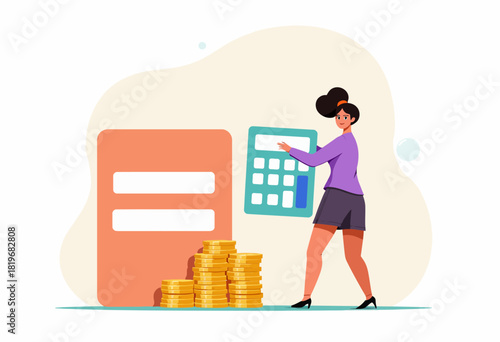 Illustration of a Woman Calculating Finances with a Large Calculator and Coin Stack Depicting Financial Planning and Budget Management Strategies