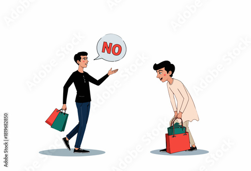 Illustration of two people discussing shopping decisions, one holding bags while the other firmly expresses disagreement using a speech bubble