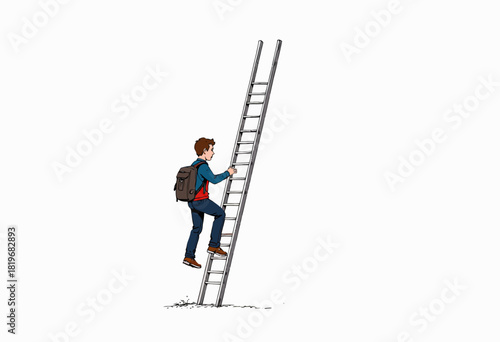 Illustration of a Young Person Climbing a Tall Ladder with Determination and a Backpack Against a Minimalist Background Symbolizing Growth and Ambition