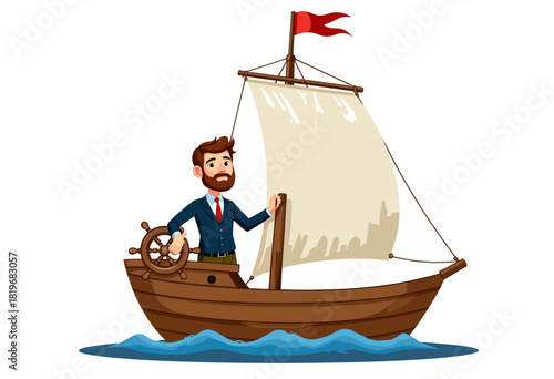 Illustration of a Dapper Gentleman Navigating a Sturdy Wooden Sailing Boat with a Red Flag Across Calm Blue Waters
