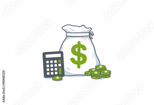 Illustration of a Money Bag with Dollar Sign, Calculator, and Stacked Coins Representing Financial Management and Savings Calculation