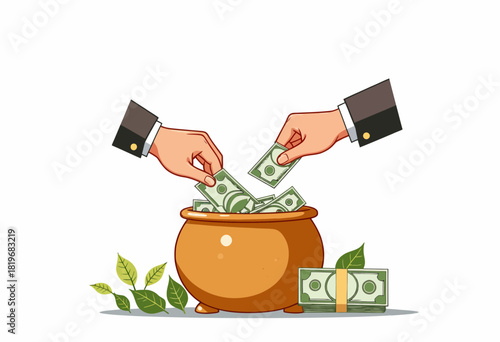 Illustration of Hands Depositing Money into a Pot Symbolizing Growth and Investment with Green Leaves and Bundled Bills